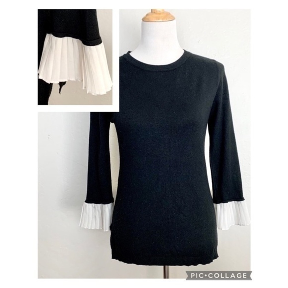 Vila Milano Black Long Sleeve Accordion White Cuffs Crew Neck Knit Sweater M